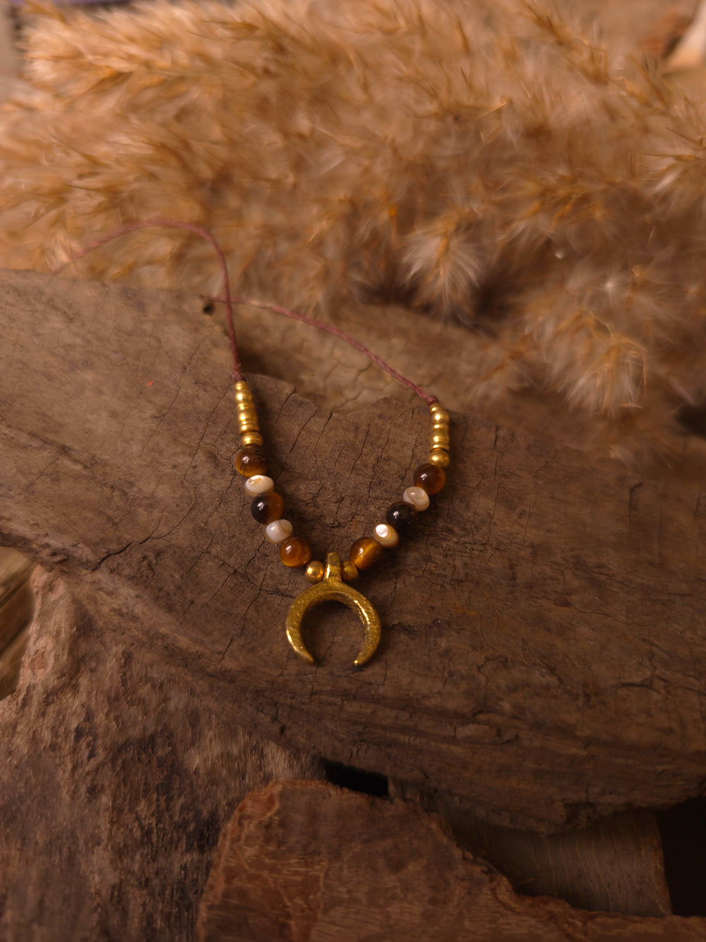 Lunar Tide - Moon Necklace with Tiger's Eye and Shells