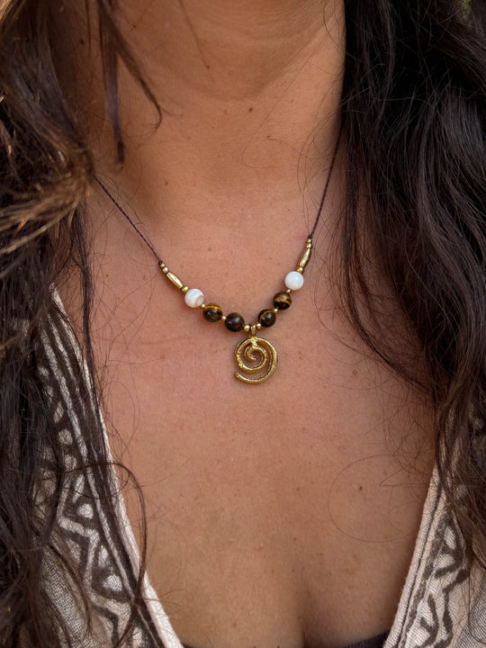 Sea Whirl - Spiral Necklace with Tiger's Eye and Shells