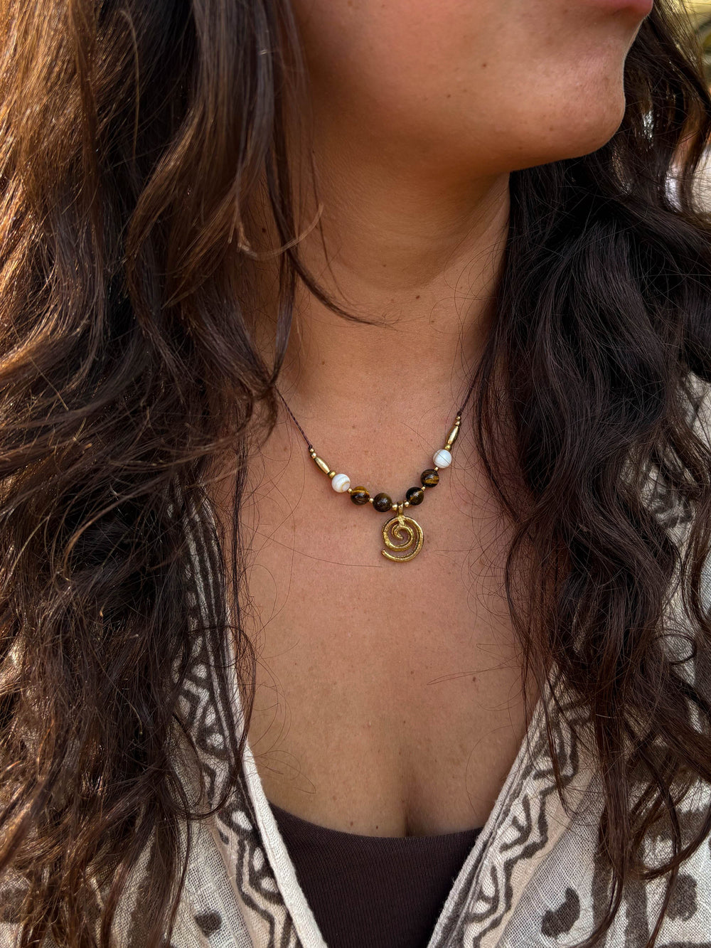 Sea Whirl - Spiral Necklace with Tiger's Eye and Shells