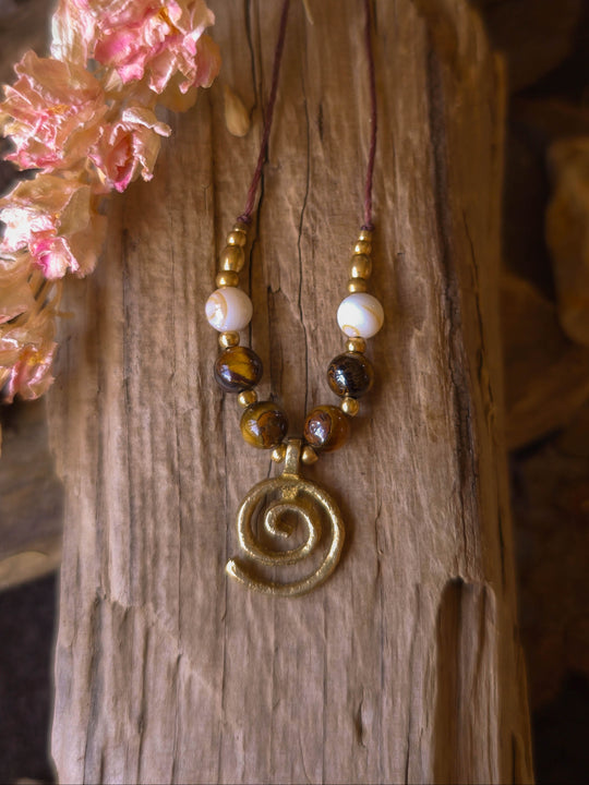Sea Whirl - Spiral Necklace with Tiger's Eye and Shells