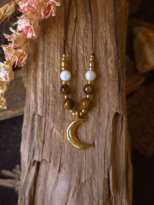 Lunar Tide - Moon Necklace with Tiger's Eye and Shells