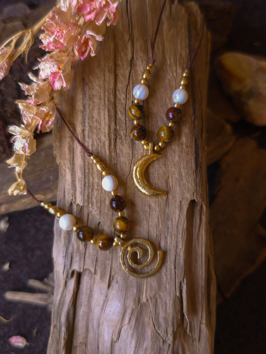 Sea Whirl - Spiral Necklace with Tiger's Eye and Shells