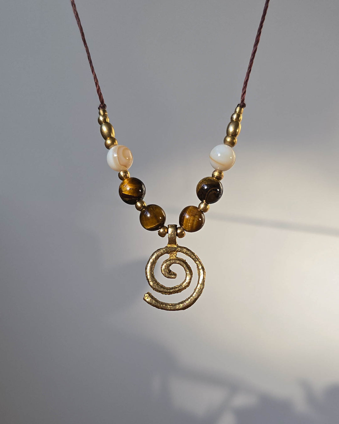 Sea Whirl - Spiral Necklace with Tiger's Eye and Shells