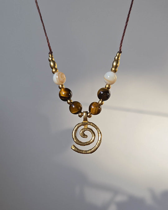 Sea Whirl - Spiral Necklace with Tiger's Eye and Shells