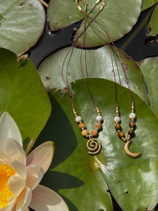 Lunar Tide - Moon Necklace with Tiger's Eye and Shells