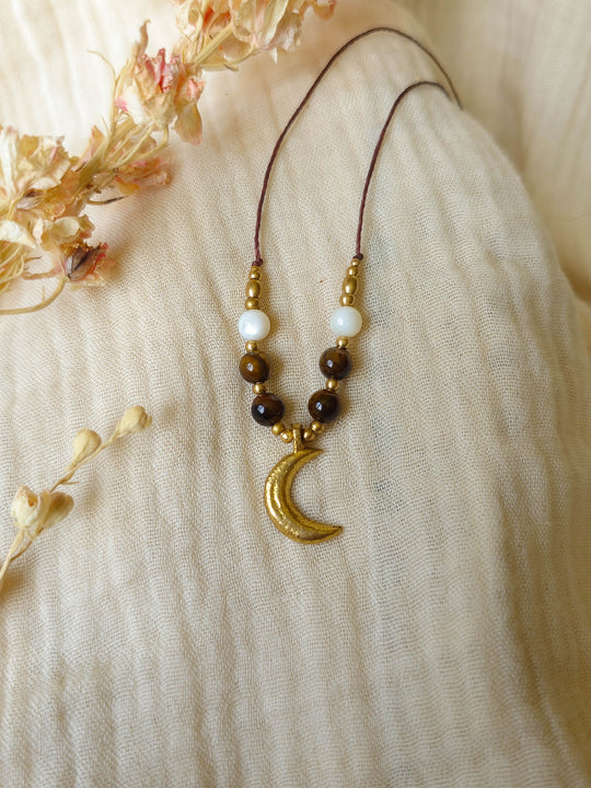 Lunar Tide - Moon Necklace with Tiger's Eye and Shells