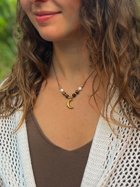 Lunar Tide - Moon Necklace with Tiger's Eye and Shells