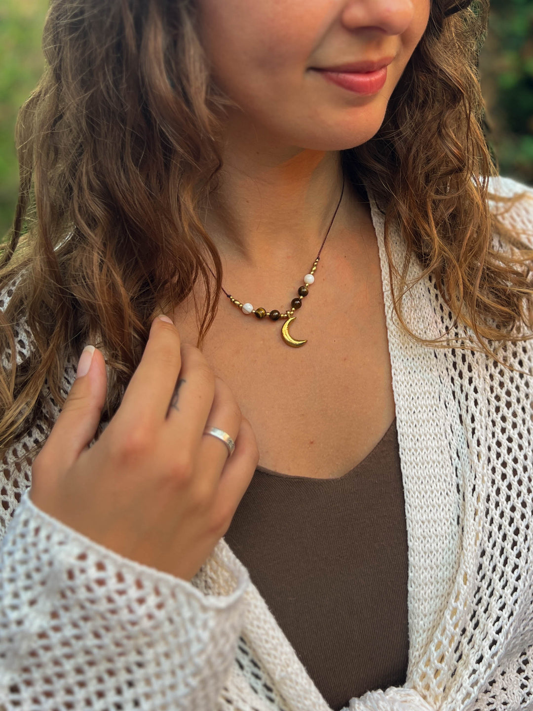 Lunar Tide - Moon Necklace with Tiger's Eye and Shells