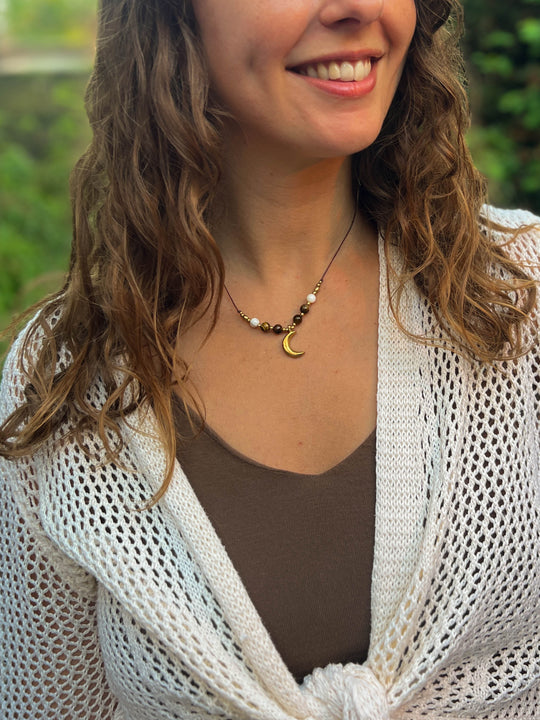Lunar Tide - Moon Necklace with Tiger's Eye and Shells
