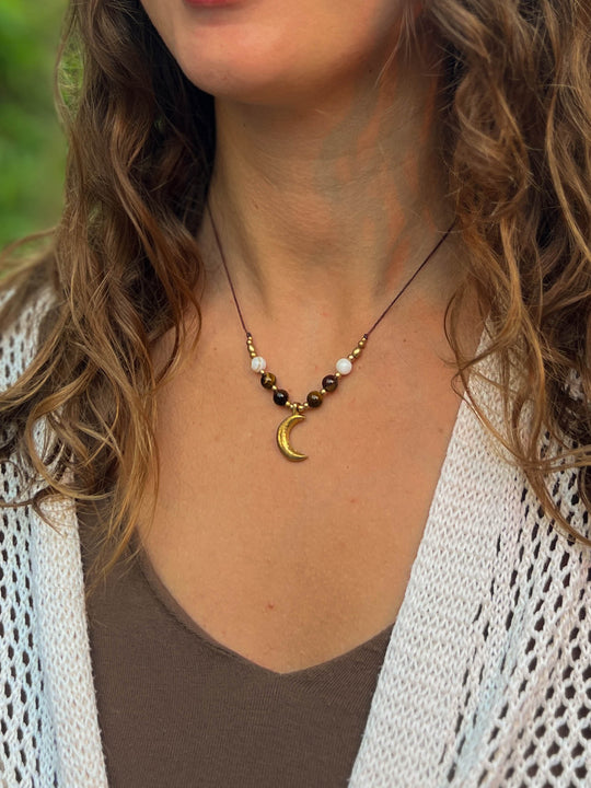 Lunar Tide - Moon Necklace with Tiger's Eye and Shells