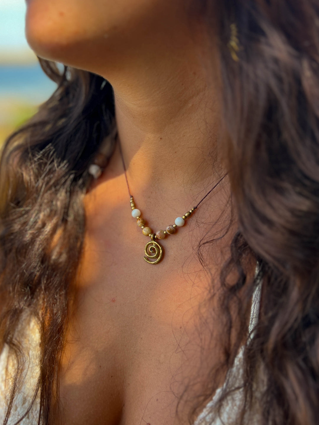 Sea Whirl - Jasper Spiral Necklace with Shells