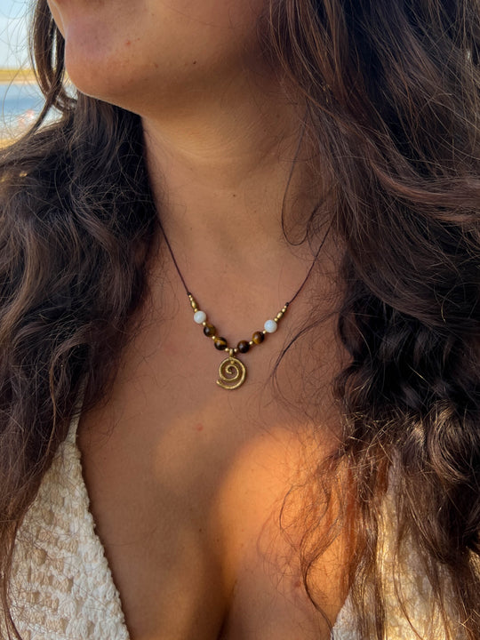 Sea Whirl - Spiral Necklace with Tiger's Eye and Shells